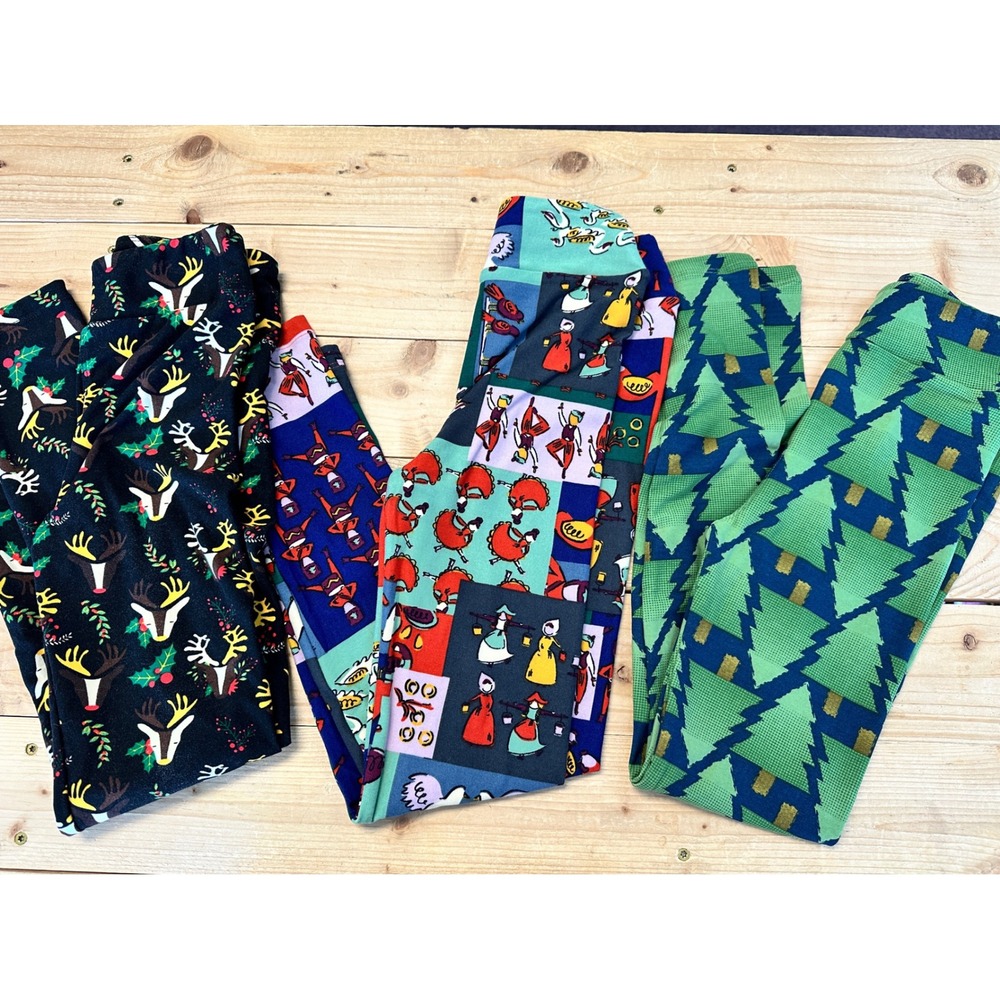 LuLaRoe Kids L/XL Holiday Christmas Leggings Reindeer Trees‎ Prints